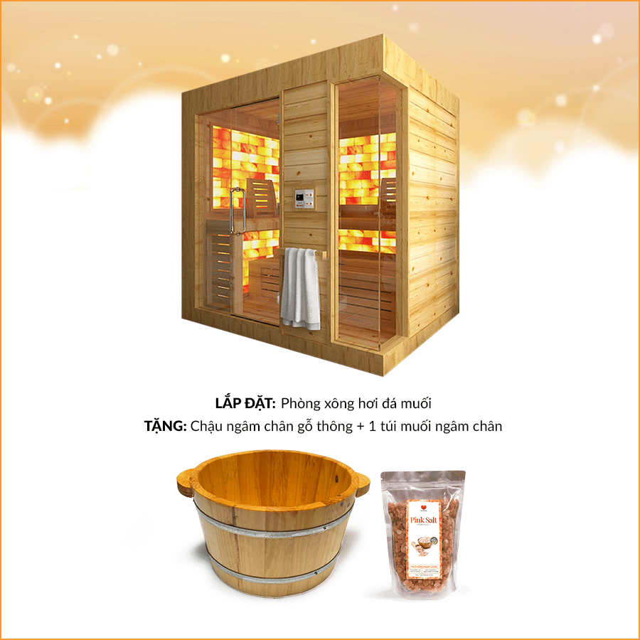 MUA phòng xông hơi đá muối TẶNG NGAY chậu ngâm chân gỗ thông và muối ngâm chân Himalaya