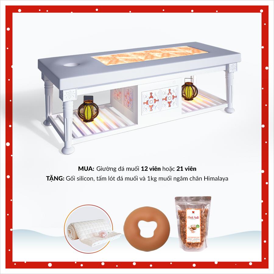 Mua giường đá muối (12 hoặc 21 viên) tặng ngay 1 bộ phụ kiện dành cho giường (gối silicon+ lót đá muối ) và 1 kg muối ngâm chân Himalaya Mua giường đá muối (12 hoặc 21 viên) tặng ngay 1 bộ phụ kiện dành cho giường (gối silicon+ lót đá muối ) và 1 kg muối ngâm chân Himalaya
